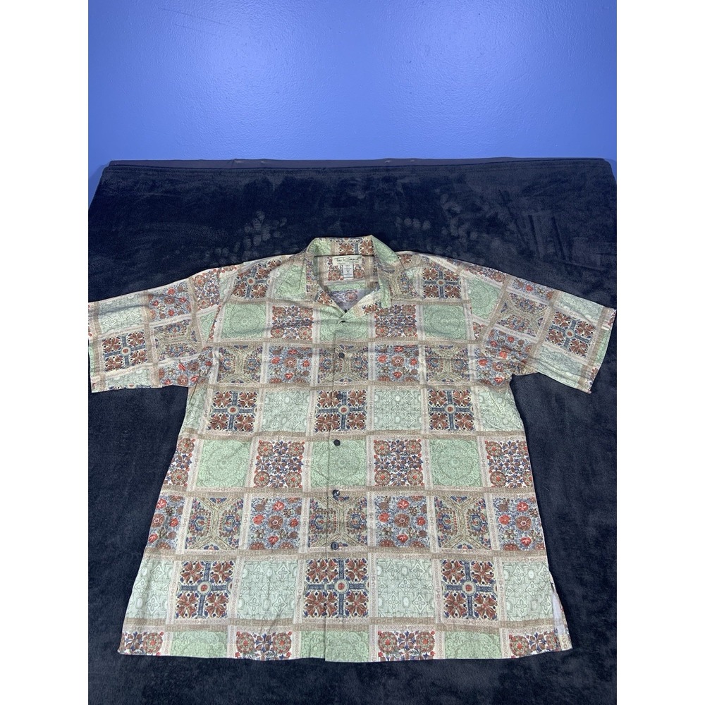 Tori Richard Shirt Mens XL Beige Quilt Pattern Button Up Hawaiian 100% Cotton